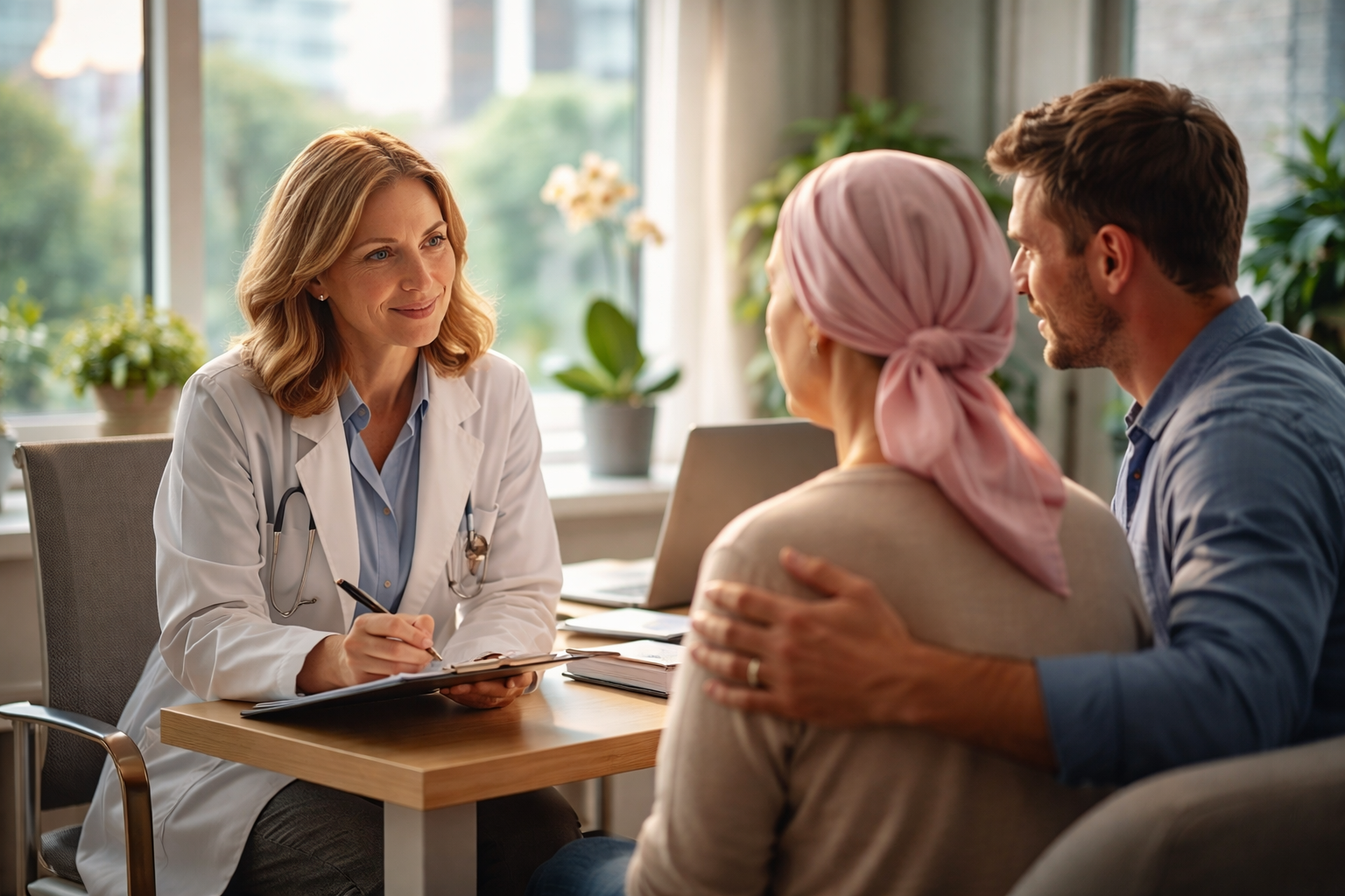 Clinician and patient discussing an evidence-aware supportive care plan
